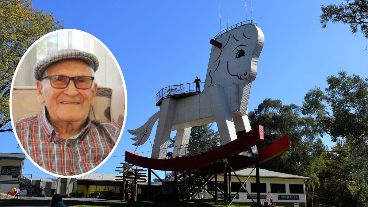 Inset, Brian Harvey, whose family used to own the land at Gumeracha where The Toy Factory - and the Big Rocking Horse - currently sit. Pictures suppled/Contemplari