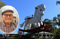 Inset, Brian Harvey, whose family used to own the land at Gumeracha where The Toy Factory - and the Big Rocking Horse - currently sit. Pictures suppled/Contemplari