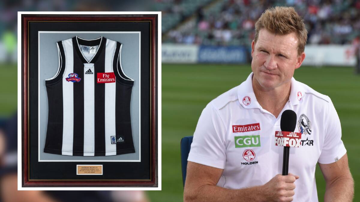 Nathan Buckley and inset, his 2002 Collingwood guernsey from the grand final against the Brisbane Lions. Supplied/ACM file photos.