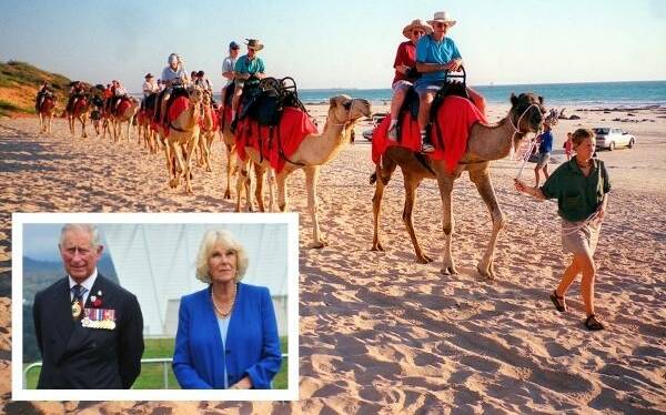 A camel train moves along Cable Beach at Broome at sundown. Picture from AAP
Inset photo: Charles and Camilla at the National Arboreum in Canberra during their 2015 visit to Australia. Picture by Melissa Adams 
