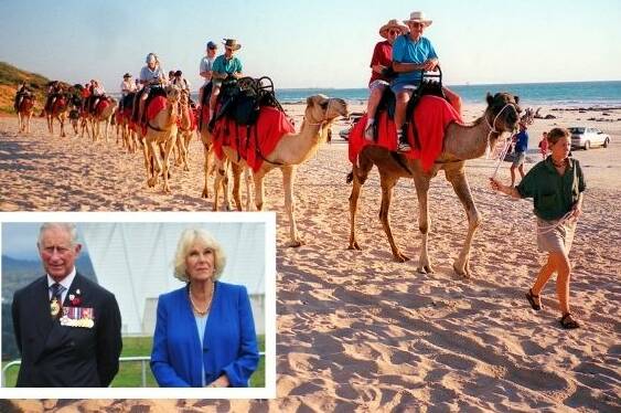 A camel train moves along Cable Beach at Broome at sundown. Picture from AAP
Inset photo: Charles and Camilla at the National Arboreum in Canberra during their 2015 visit to Australia. Picture by Melissa Adams 