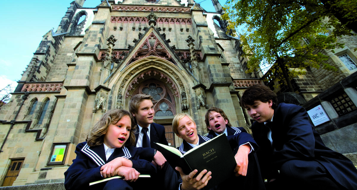 HEAVENLY VOICES: The St Thomas Boys’ Choir outside the very church where Bach was Kapellmeister.

