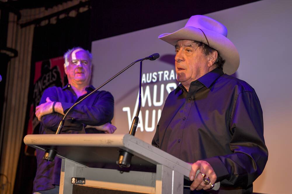 Michael Gudinski (left) and Molly Meldrum at the announcement of The Australian Music Vault in Melbourne. Photo: Eddie Jim.