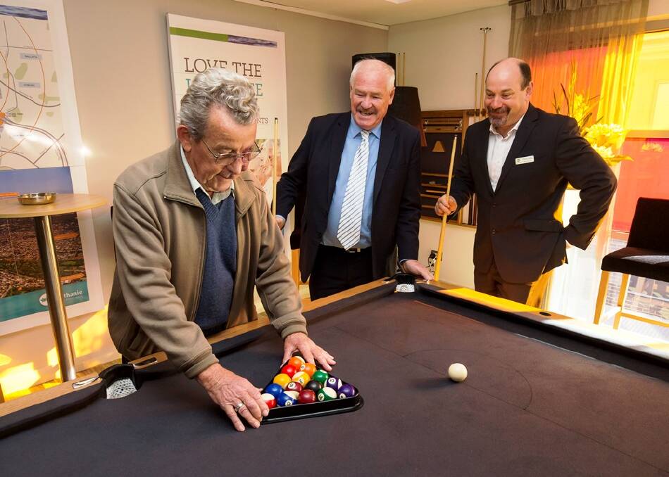 STRAIGHT TO THE POOL ROOM - Bethanie Gwelup resident Ted Sandilands with WA minister for seniors and ageing Mick Murray and Bethanie CEO Chris How.