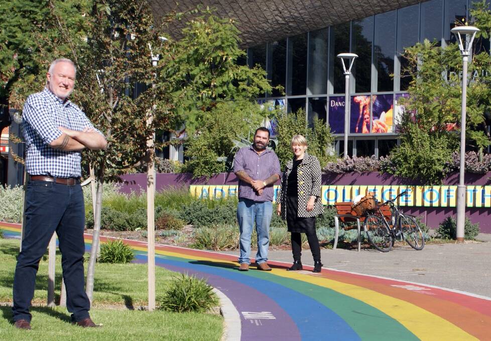 SHAPING POLICY – From left, project  manager Desmond Ford, SA Rainbow Advocacy Alliance chairperson Andrew Birtwistle-Smith and COTA SA’s Jane Mussared at The Pride Walk in Light Square.