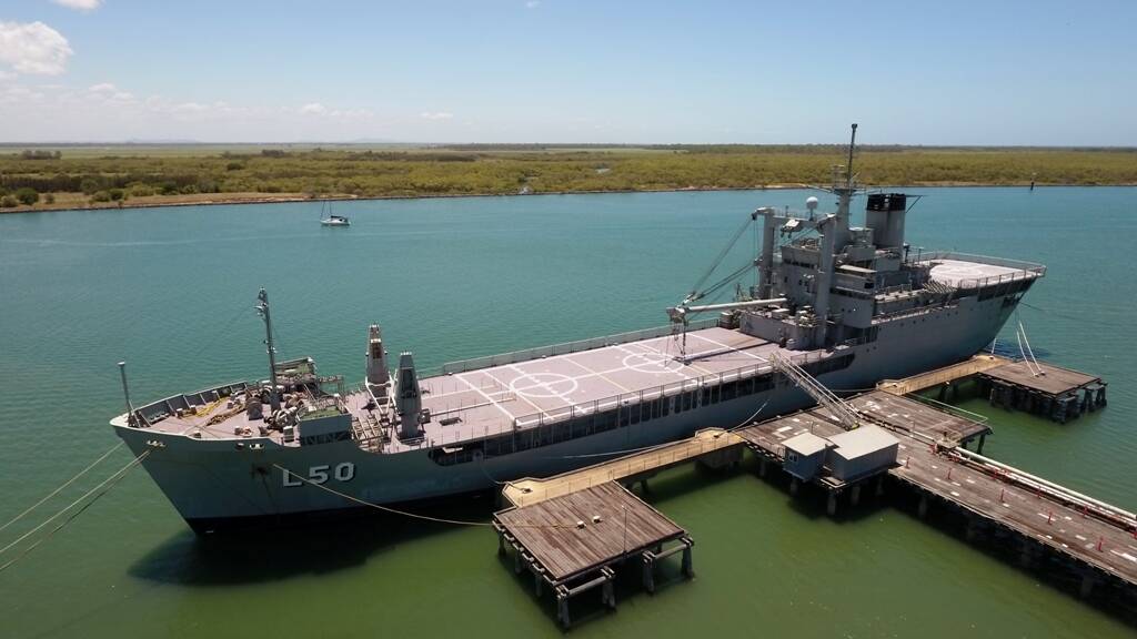 TOBRUK TALES: Drone aerial views of the decommissioned ex-HMAS Tobruk, in preparation to becoming an artificial reef. Currently moored in an area controlled by the Gladstone Ports Corporation (GPC) near Bundaberg, Queensland, Australia. Photo:  Stephen Elliot-Hunter, The Infinite Above.