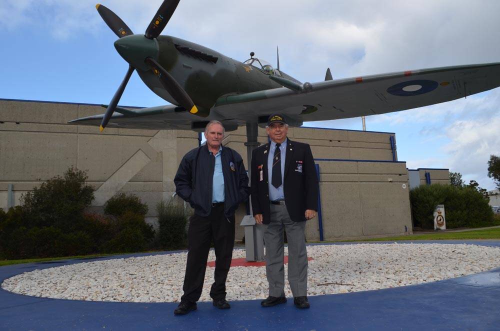 TAKING OFF – Howard Franks and Blaise Durney with the replica A58-492 Spitfire installed at the RAAF Museum in Point Cook last year.