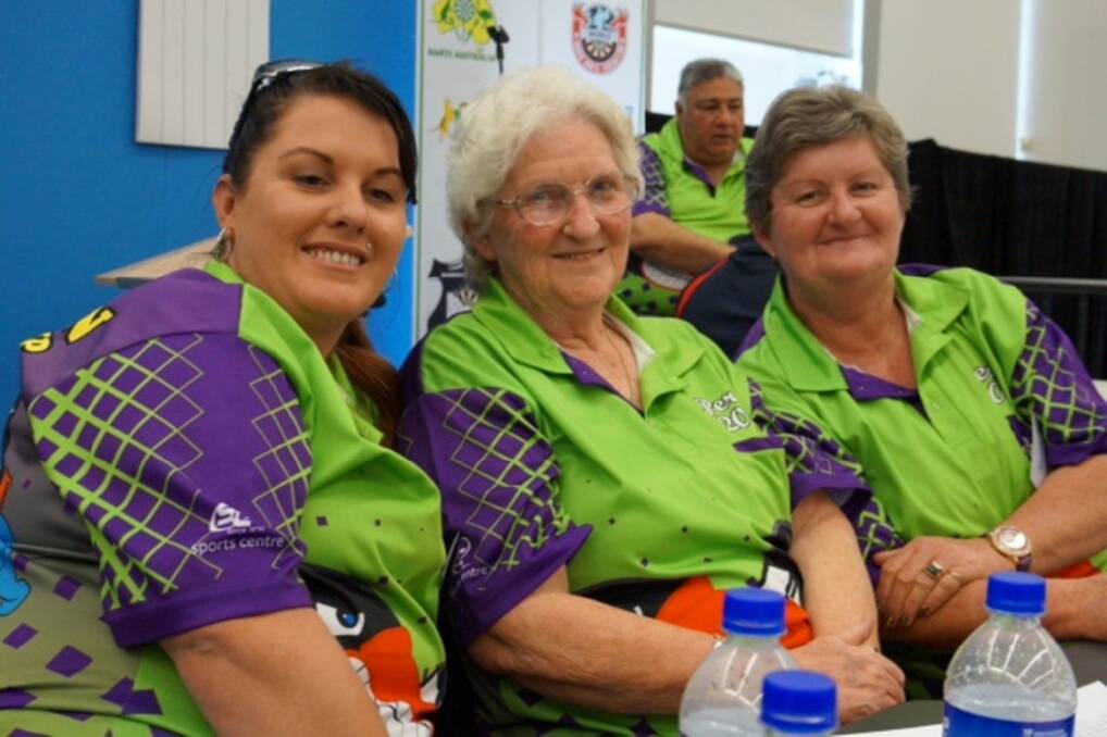 ALL IN THE FAMILY – Betty Hislop, with daughter Jeanette Hislop and granddaughter Jodie Gee, taken at the Australian Darts Senior Championships in Rockingham last year.