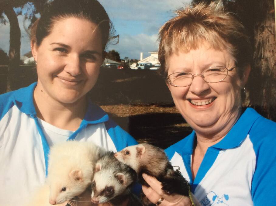 FERRET FAMILY – Nicole Flint with her mother Margaret and ferrets Bear, Jessie-Jane and Deamon.
