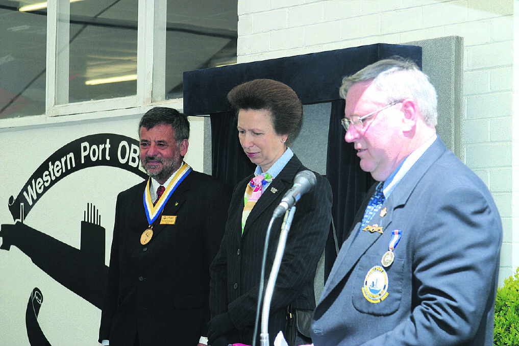 ROYAL GUEST – Her Royal Highness Princess Anne attended a ceremony to relaunch HMAS Otama in its new home in Western Port in 2003. She shared the stage with Max Bryant (right) and then Mornington Peninsula Shire mayor David Renouf.