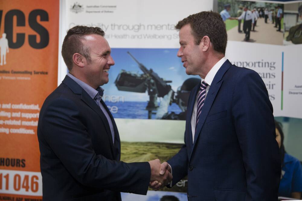 POTENTIAL – Veterans Affairs and Defence Personnel Minister, Dan Tehan (right), at the launch of the RESTORE trial with Australian Army soldier Corporal Chris May, of the School of Armour.