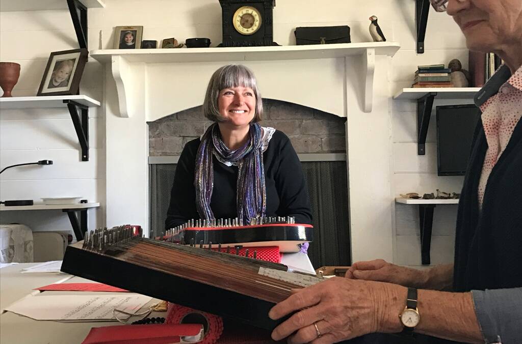ZITHER ON – Enthusiast Angie Smales, left, in her Birregurra home with ensemble member Jane Dennis. Photos: Geraldine Cardozo.