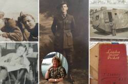 Clockwise from top left: My grandfather (right) with a mate in Ypres; time to go to war; his photo of a captured German tank in Belgium; mementoes; in his London billet in 1919. Inset: Therese Murray