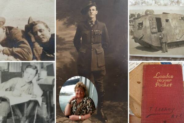 Clockwise from top left: My grandfather (right) with a mate in Ypres; time to go to war; his photo of a captured German tank in Belgium; mementoes; in his London billet in 1919. Inset: Therese Murray