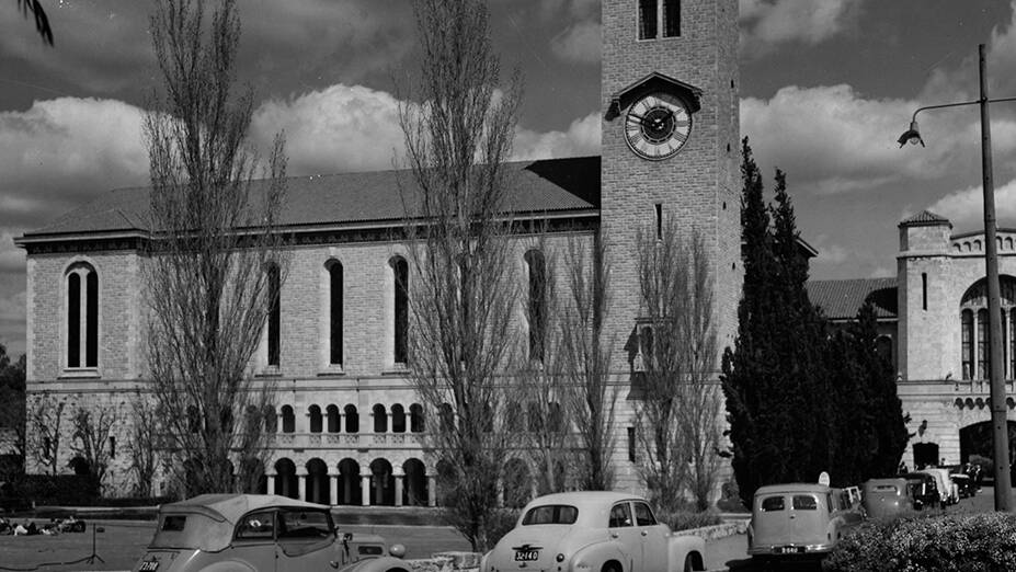 LOCAL ICON: Winthrop Hall, pictured in the 1950s, is still the jewel in University of Western Australia's crown.
