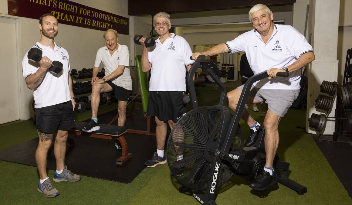 Exercise physiologist Vian Botma with PROST! members Ron Manners, Ian Simmonds and Bob Kucera at the Subiaco Football Club gym at Leederville Oval. Picture supplied
