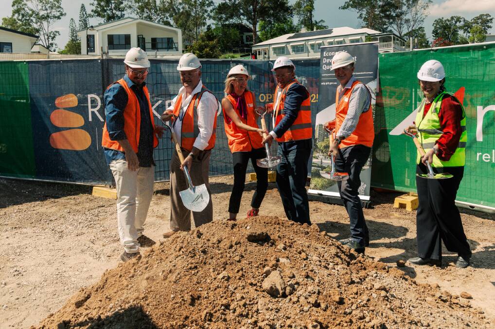 Michael Hemmings (GJG Architects), Roman Summers (Rockpool Development Manager), Melissa Argent (Rockpool), Michael McNab (McNab Group), Michael Watson (Rockpool) and Debbie McNamara turn the first sod. Picture supplied 