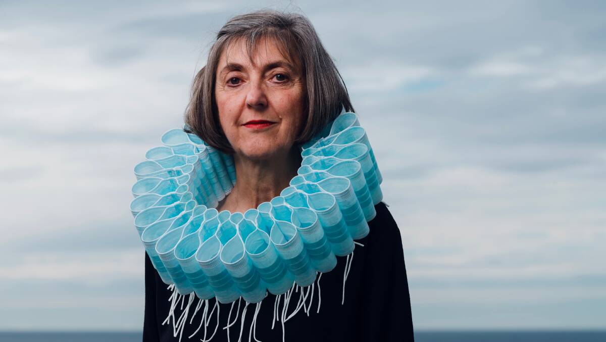 Ruth Downes in her Elizabethan collar made from masks. Picture: James Brickwood