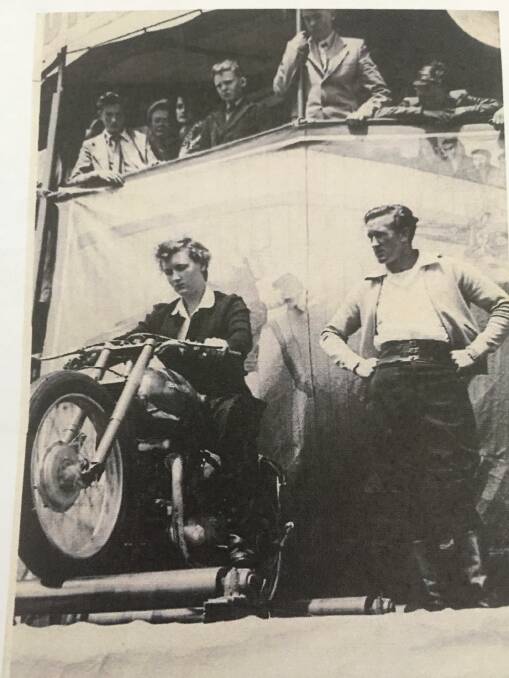HIGH FLYING: Norma about to tackle the Great Wall of Death at the Queanbeyan Show in 1953.