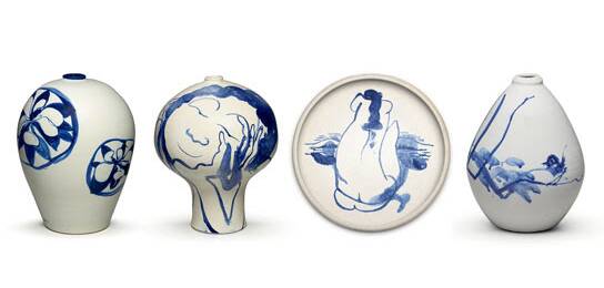 CAPTURING THE BLUES: Brett Whiteley's recognisable iconography is on his pottery.