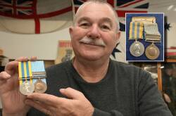 Dave Wright with the Korean War medals he restored to help the Ballarat RSL find the owner and (inset) the medals before being repaired. Pictures by Lachlan Bence and Dave Wright