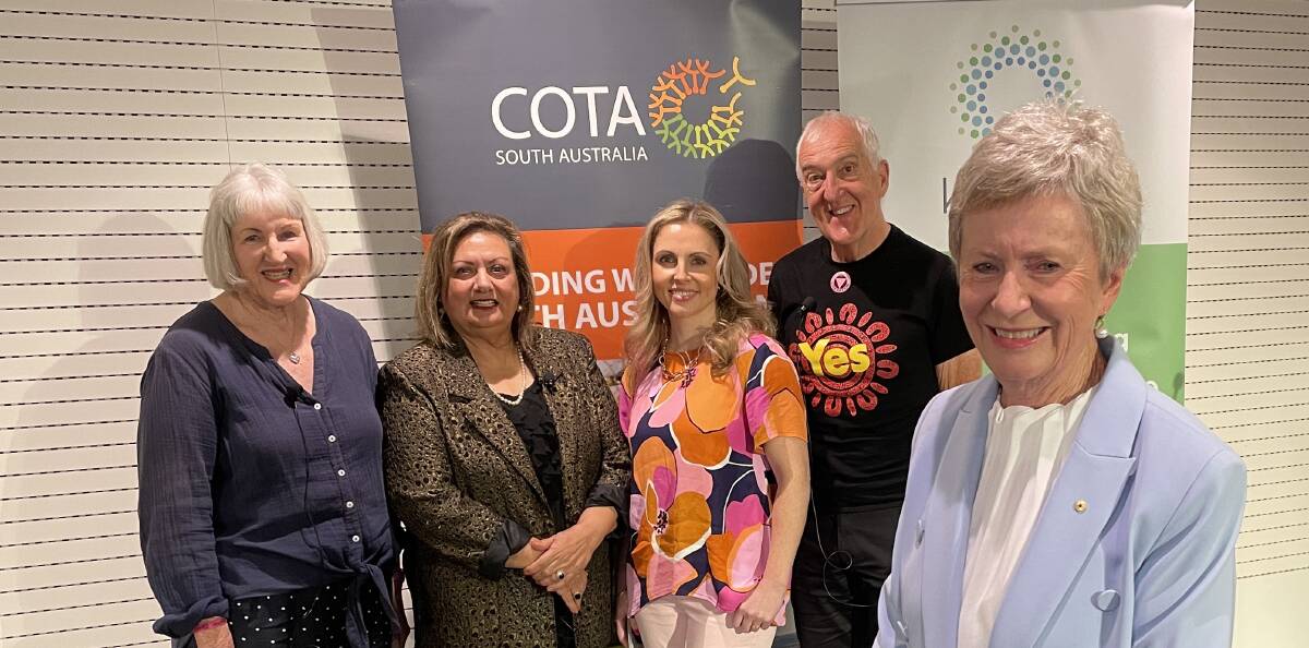Mary Safe, Tanya Kaplan OAM, Cassie Mason, Will Sergeant OAM and Anne Burgess AM at COTA SA's International Day of Older Persons 2023: Reimagine Ageing event at the Adelaide Convention Centre on Wednesday, September 27, 2023. Picture by Anthony Caggiano