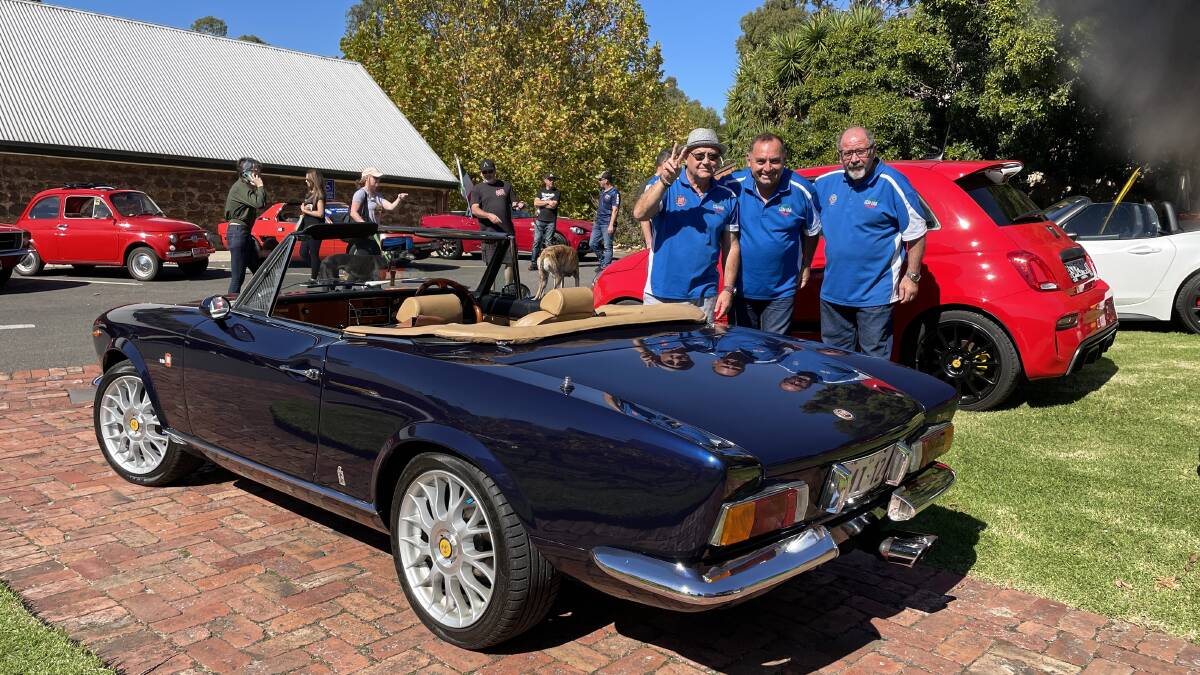 Michael D'Acierno, Tony D'Orazio and Giovanni Silvestri of Italian Made Cars Club at Hardy's Tintara Wines, McLaren Vale, SA, for the McLaren Vale Vintage & Classic 2023. Picture by Anthony Caggiano