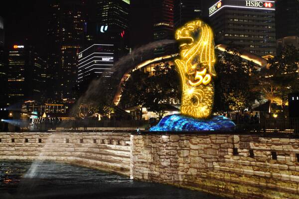 ALL LIT UP: Singapore's Merlion, located at Merlion Park, has its golden anniversary in 2022.