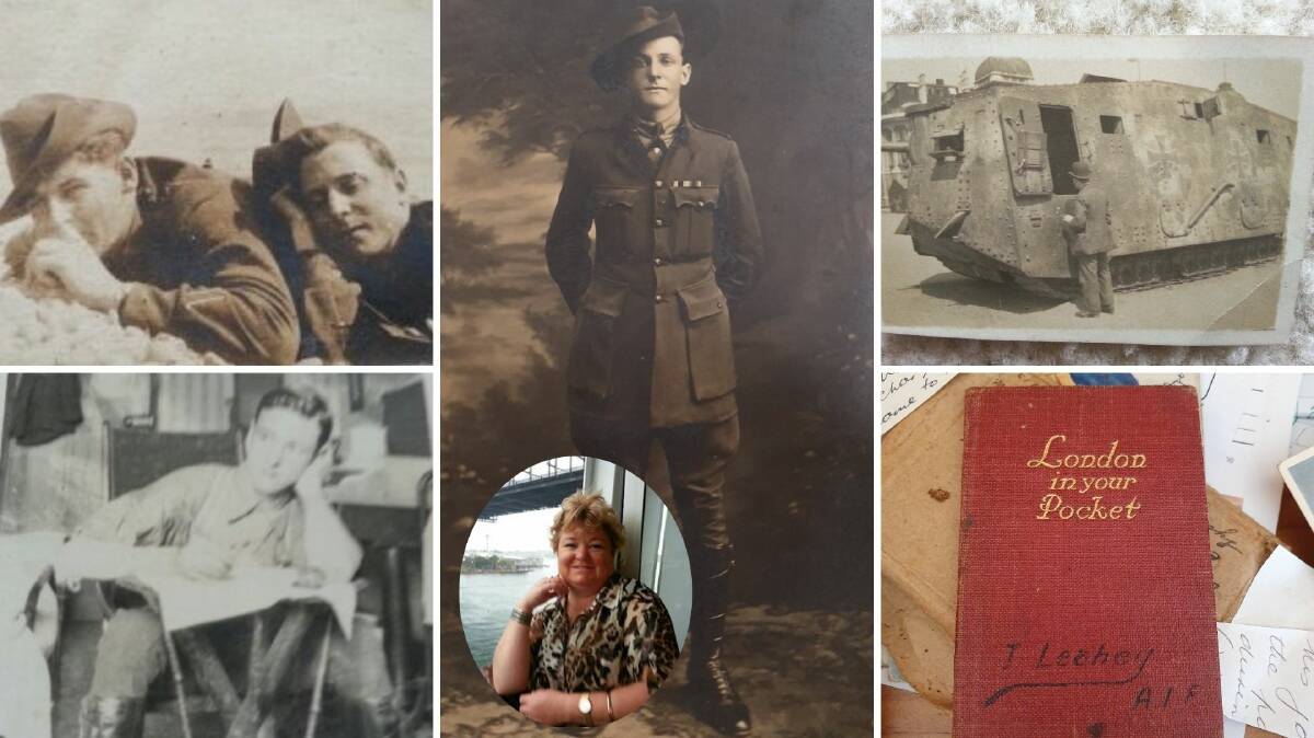 Clockwise from top left: Therese Murray's grandfather (right) with a mate in Ypres; time to go to war; his photo of a captured German tank in Belgium; mementos; in his London billet in 1919. Inset: Therese Murray