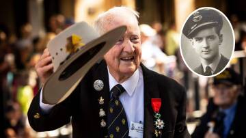 Ronald Houghton of Coonabarabran, NSW, on Anzac Day in 2019, and inset, during his time in the military in 1944. Pictures supplied