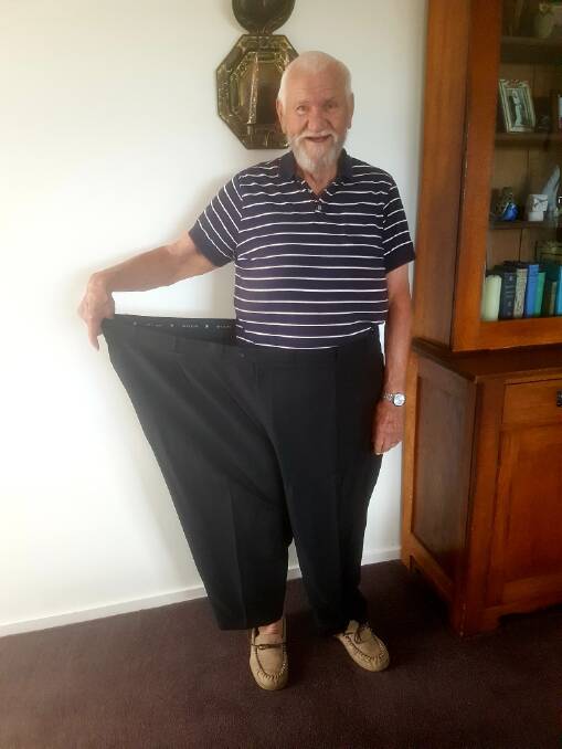  Arvy Pisarskis fits into one leg of his old trousers in 2021. Picture supplied