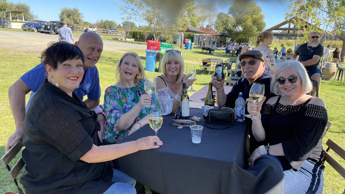 Fiona Bennett, Andres Tamme, Tania Pollard, Lucy Angione, Angelo Farina and Josie Farina at Maxwell Wines, McLaren Vale, SA, for the McLaren Vale Vintage and Classic 2023. Picture by Anthony Caggiano