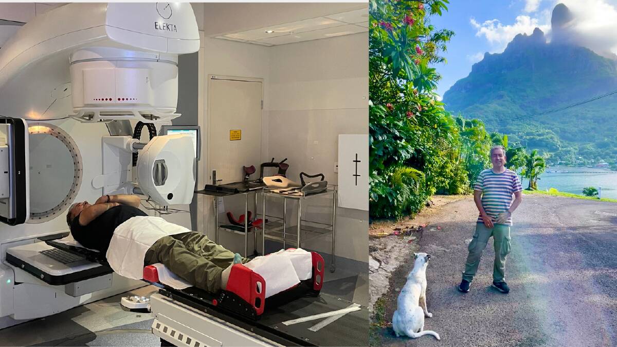 Left, Eliot Rifkin of Cannon Hill, Brisbane, receiving radiation therapy for prostate cancer in June 2023, and right, on holiday in French Polynesia later that year. Pictures supplied