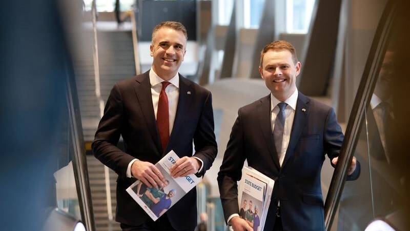 NEW GENERATION: SA premier Peter Malinauskas and treasurer Stephen Mullighan announce their first budget since coming to power in March. Photo: AAP.