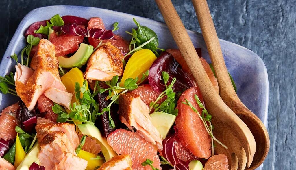 Recipe: Ruby red grapefruit and beetroot salad with spiced salmon. Picture by Bonnie Coumbe