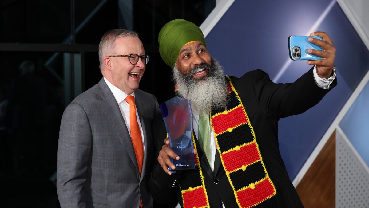 Australia's prime minister Anthony Albanese with Turbans 4 Australia founder, Amar Singh of Sydney, at the 2023 Australian of the Year awards ceremony on January 25, 2023. Picture by NADC/Salty Dingo