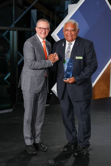 Australia's prime minister, Anthony Albanese, with 2023 Senior Australian of the Year award recipient, Professor Tom Calma AO, on January 25, 2023. Picture by NADC/Salty Dingo.