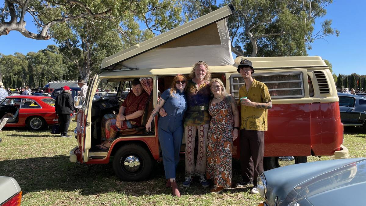 Many dressed up to match the era of their cars at the McLaren Vale Vintage and Classic 2023. This picture is at Serafino Wines, McLaren Vale, SA.