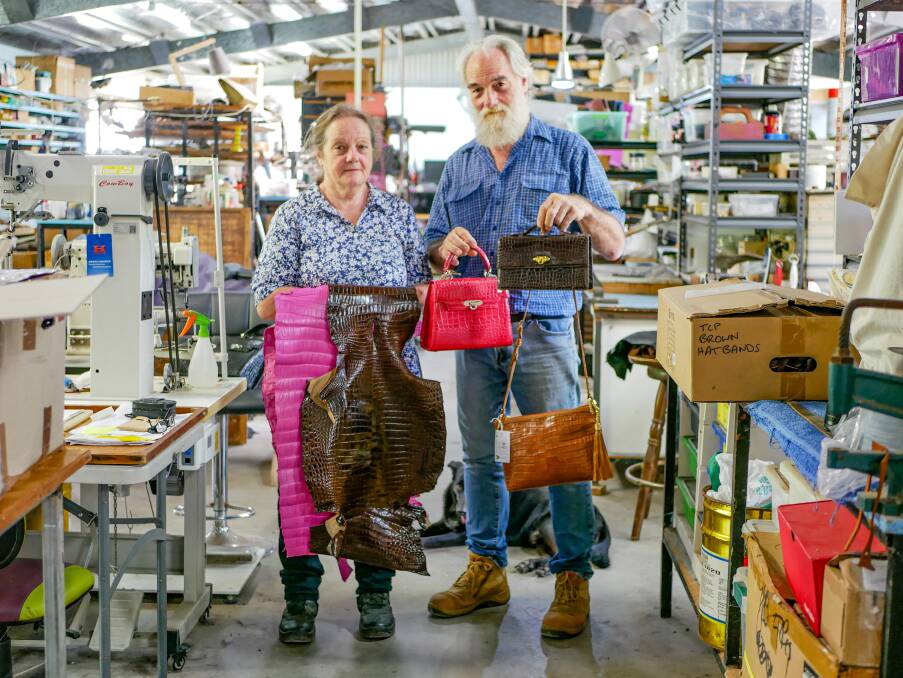 Mary and Brian Faux have been manufacturing crocodile leather handbags and other products for over 30 years from their Etna Creek workship. Picture: Ellouise Bailey 
