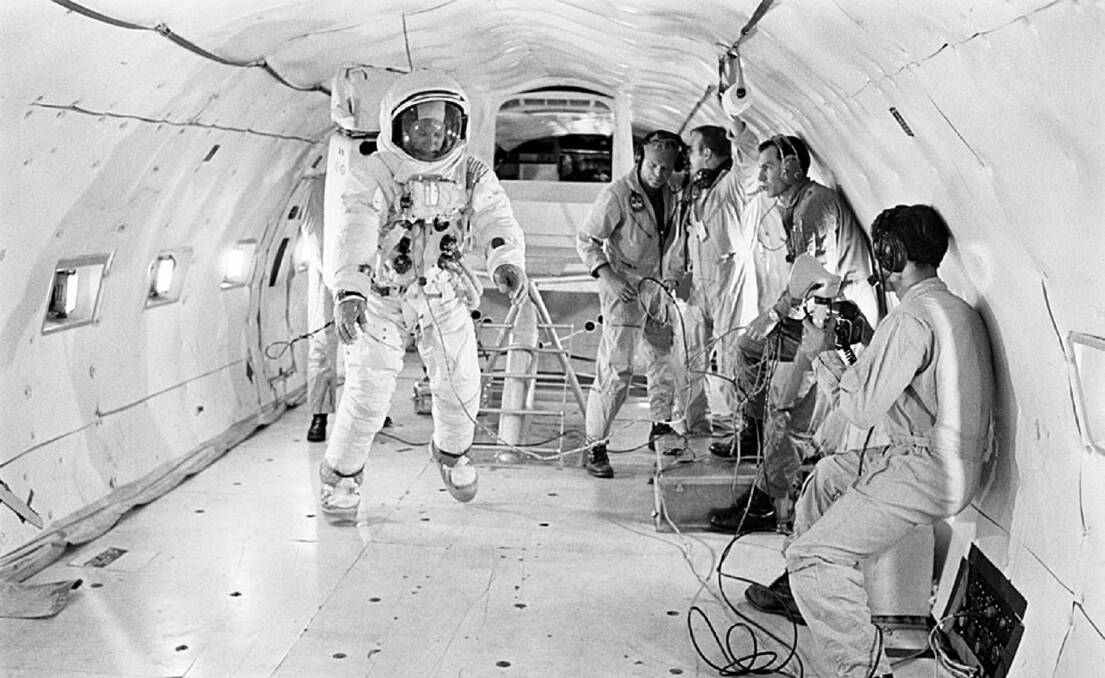 PHYSICAL EFFECTS: Apollo 11 astronaut Buzz Aldrin training for weightlessness in a reduced-gravity aircraft, July 9 1969. It was discovered that space sickness was exacerbated by the weightless environment. Just one of many medical revelations. Picture: NASA