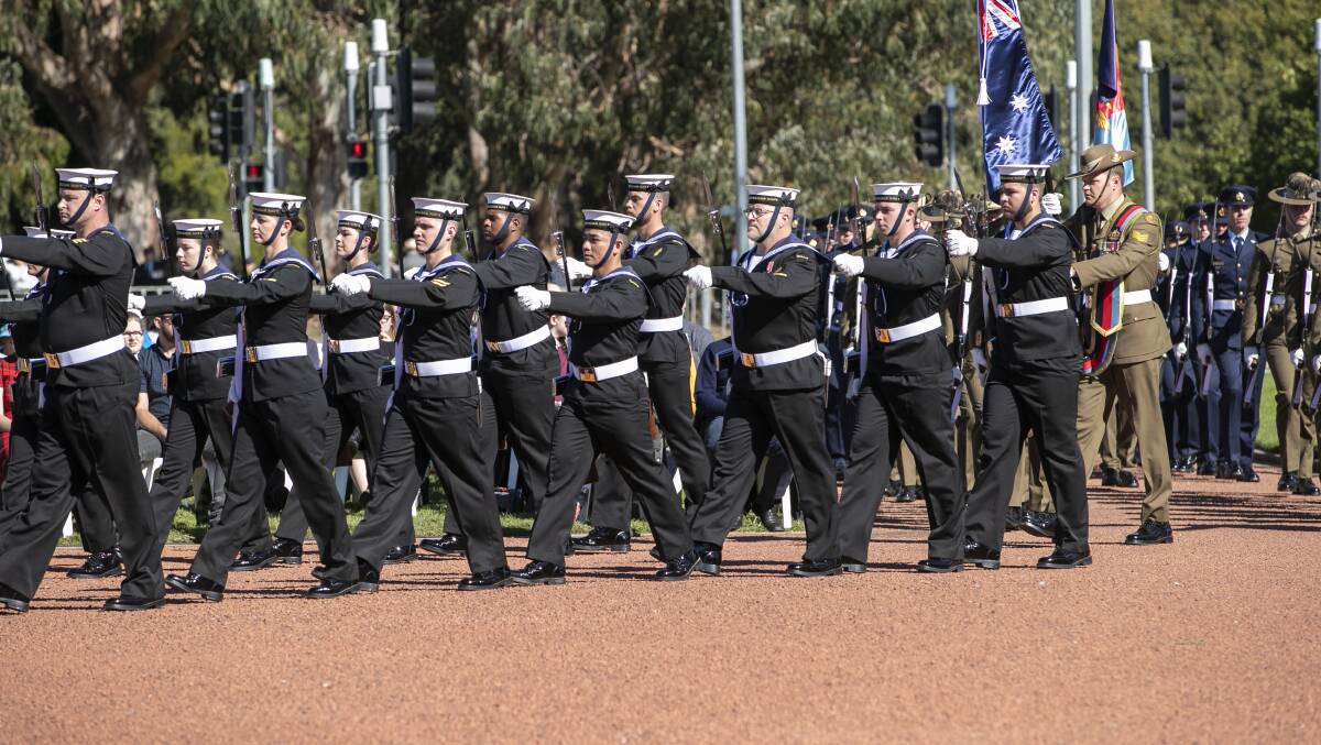 Members of the Navy arrive at the national ceremony on Anzac Day. Picture: Keegan Carroll