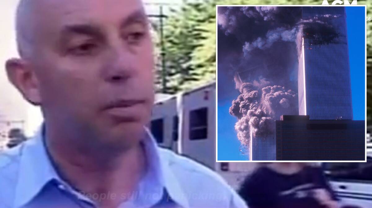 Steve Evans doing his piece to camera seconds before the second tower came down. Inset, the first tower collapsing. Pictures: screengrab, Getty