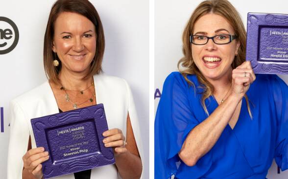 HESTA's 2021 Nurse of the Year Shannon Philp (left) and Midwife of the Year Janelle Dillon with their awards.