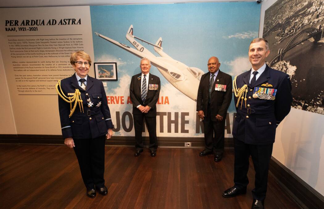 (From left) NSW Governor Margaret Beazley, RSL NSW State President Ray James, Indigenous Elder for the RAAF Harry Allie, RAAF Air Commander Joe Iervasi at the launch of the exhibition.