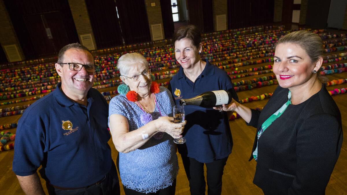 TIME TO CELEBRATE: Pom-pom maker Hazel Cordon (with pom-poms) celebrating breaking the Australian Record, with (l-r) TABOR adjudicators Helen and John Taylor and Lifeview CEO Madeline Gall.