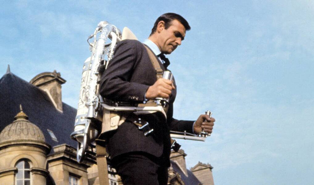 ANOTHER WAY TO TRAVEL: Roger Moore as James Bond tries out a jet pack in Thunderball. 