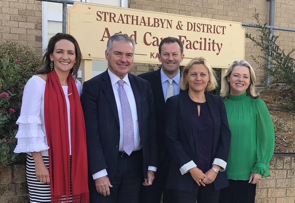 ALL TOGETHER: From left, Liberal candidate Georgina Downer, Health Minister Stephen Wade, Heysen MP Josh Teague, GCMA's Veera Mustonen and Julianne Parkinson, and Strathalbyn District Health Service's Maria Hoorenman.