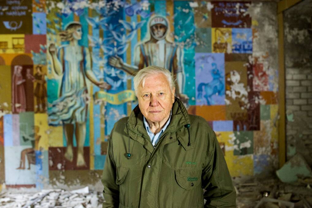 HIS 'GREATEST STORY': Sir David Attenborough in Chernobyl, Ukraine, photographed while filming David Attenborough: A Life on Our Planet. Photo: Joe Fereday