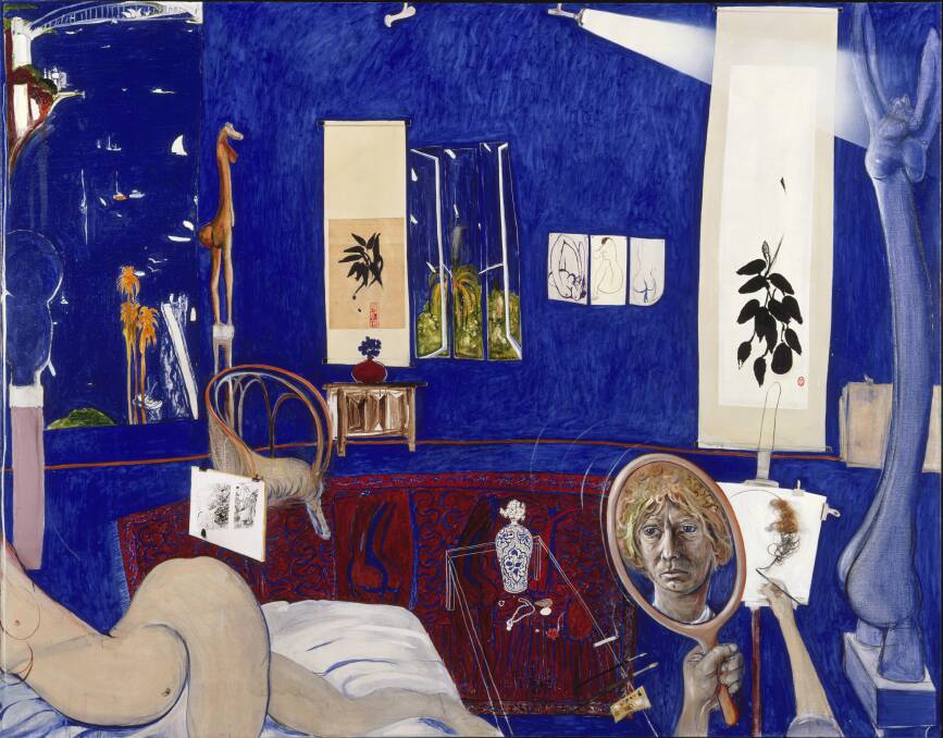 Brett Whiteley (Australia; England, b.1939, d.1992) Self portrait in the studio 1976 oil, collage, hair on canvas, 200.5 x 259 cm. Art Gallery of New South Wales,purchased 1977 Wendy Whiteley Photo: AGNSW, Christopher Snee