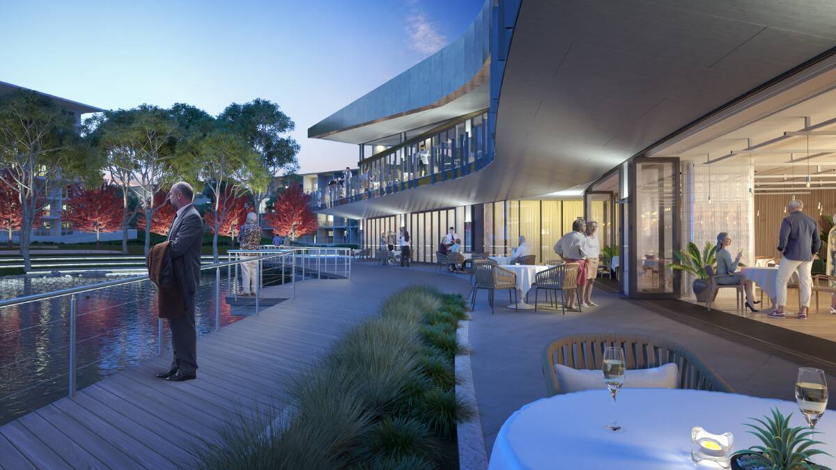 LAKESIDE LIVING: The new dining area overlooking a lake at Aveo Bella Vista in Sydney's Hills district.